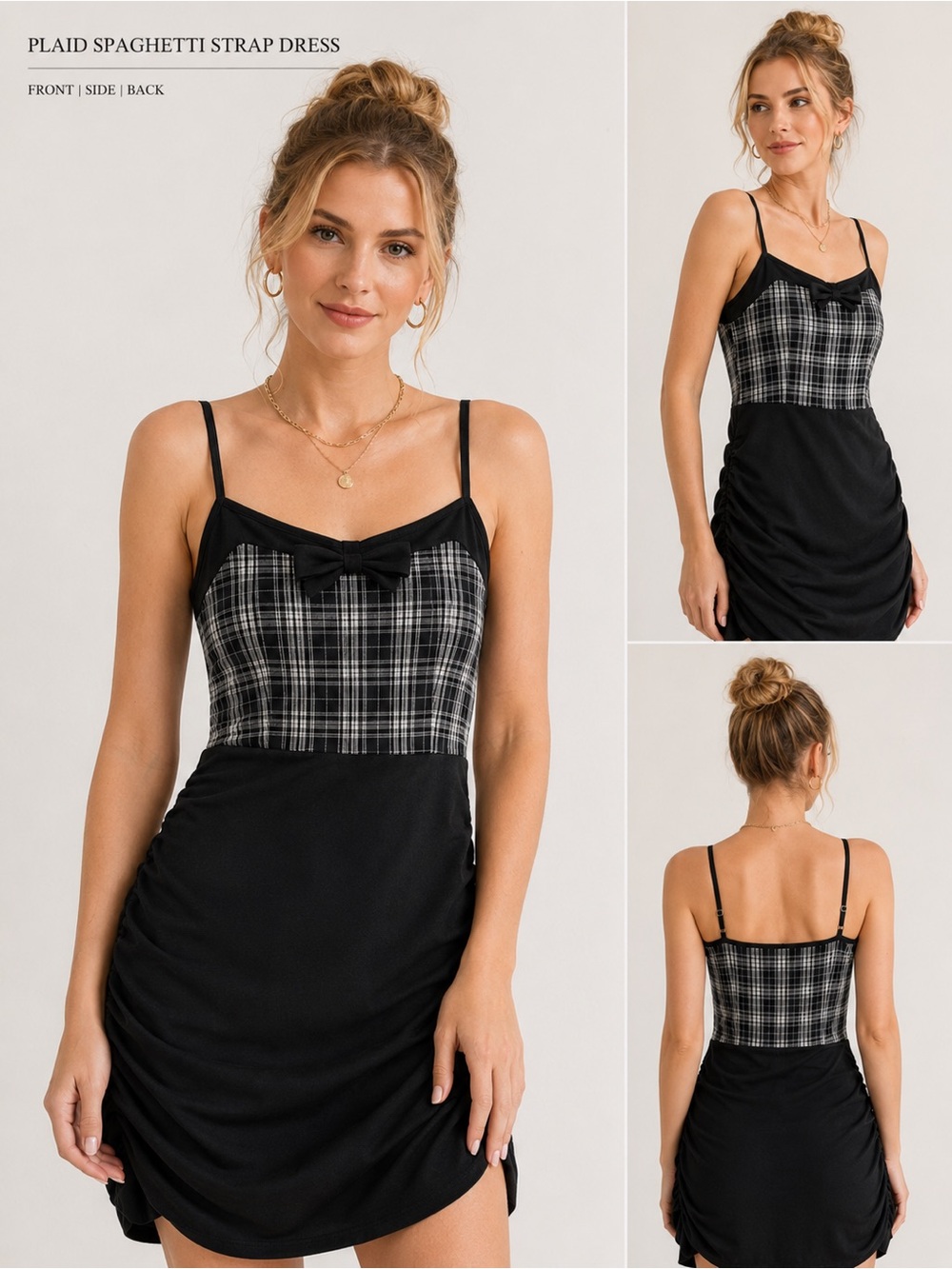 Black Plaid Spaghetti Strap Midi Dress